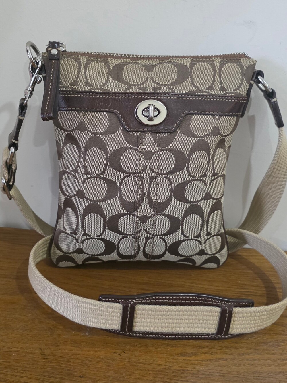 Coach Signature Jacquard Brown/Tan leather Crossbody bag